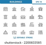 Buildings Icons. Real Estate, Building, House, Store, School, Garage, Hotel, Church, Cabin, Hospital, Factory. Professional, 32x32 pixel perfect vector icon. Editable Stroke