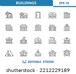 Buildings Icons. Real Estate, Building, House, Store, School, Garage, Hotel, Church, Cabin, Hospital, Factory. Professional, 32x32 pixel perfect vector icon. Editable Stroke