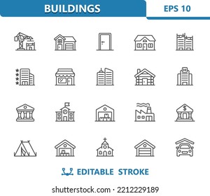 Buildings Icons. Real Estate, Building, House, Store, School, Garage, Hotel, Church, Cabin, Hospital, Factory. Professional, 32x32 pixel perfect vector icon. Editable Stroke