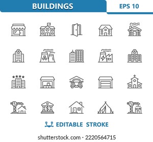 Gebäude Symbole. Immobilien, Gebäude, Haus, Laden, Schule, Garage, Hotel, Kirche, Hütte, Krankenhaus, Fabrik. Professionelles, 32x32 Pixel vollkommenes Vektorsymbol. Bearbeitbarer Stroke