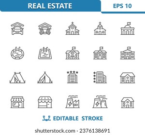 Buildings Icons. Real Estate, Garage, Church, School, Pool, Tent, Hotel, House, Shop, Factory. Professional, 32x32 pixel perfect vector icon. Editable Stroke