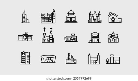 Buildings icons. Set of 15 detailed buildings icons featuring a diverse range of architecture. Examples include Skyscraper, School, Church, Mosque, Factory, Restaurant icons. Vector illustration