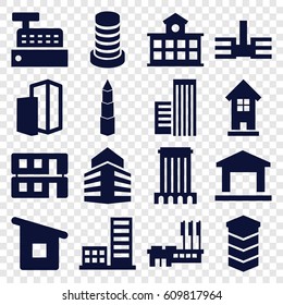 Buildings icons set. set of 16 buildings filled icons such as building
