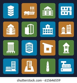 Buildings icons set. set of 16 buildings filled icons such as building