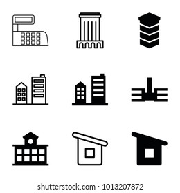 Buildings icons. set of 9 editable filled and outline buildings icons such as building, house building, house builidng