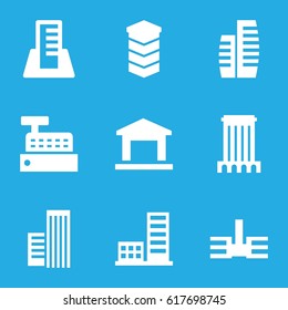 Buildings icons set. set of 9 buildings filled icons such as 