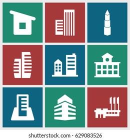 Buildings icons set. set of 9 buildings filled icons such as house building