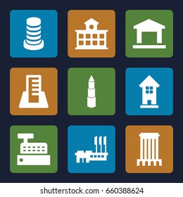 Buildings icons set. set of 9 buildings filled icons such as