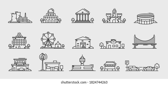 Buildings icons set. Bank, government, courthouse, hotel, fast food, castle, parking, bridge, luna park. Architecture icons isolated on white background. Vector illustration