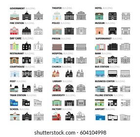 Buildings icons set in cartoon, silhouettes and outlines. Vector illustration