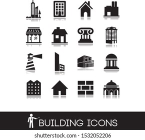 Buildings icons set contains school, bank, offices, hotel.