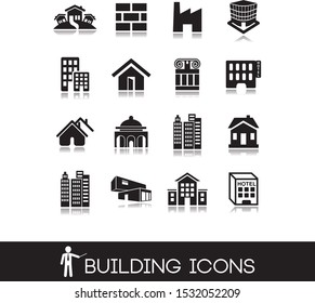 Buildings icons set contains school, bank, offices, hotel.