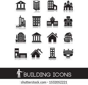 Buildings icons set contains school, bank, offices, hotel.