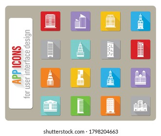 iconos de edificios ajustados en diseño plano con sombra larga