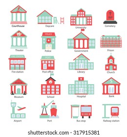 Buildings icons set with hospital, bank, university, church, school, museum, kindergarten, etc.