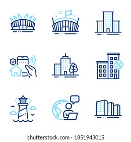 Buildings Icons Set. Included Icon As Loan House, Buildings, Lighthouse Signs. House Security, Arena, Arena Stadium Symbols. Skyscraper Buildings, University Campus Line Icons. Line Icons Set. Vector