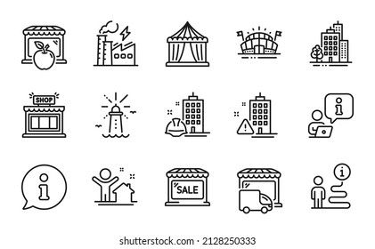 Buildings icons set. Included icon as Lighthouse, Building warning, Delivery truck signs. Shop, New house, Market symbols. Buildings, Sports arena, Electricity factory. Market sale. Vector
