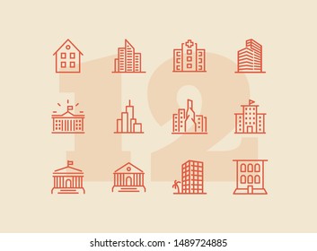 Buildings icons. Set of line icons on white background. Hospital, town house, museum, hotel. City concept. Vector illustration can be used for topics like urban life, architecture, construction