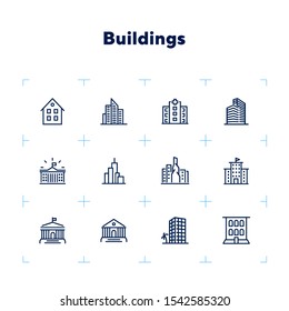 Buildings icons. Set of line icons on white background. Hospital, town house, museum, hotel. City concept. Vector illustration can be used for topics like urban life, architecture, construction