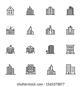 Buildings icons. Set of line icons on white background. Hospital, town house, museum, hotel. City concept. Vector illustration can be used for topics like urban life, architecture, construction