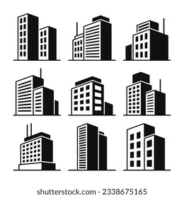 Buildings Icons Set on White Background. Vector