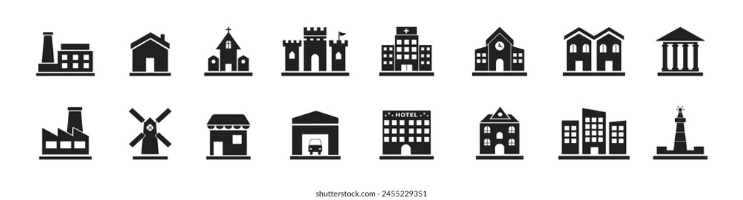 Buildings icons set. Buildings silhouette collection. Contain hotel, town house, office, hospital, city skyscraper, church. Vector.