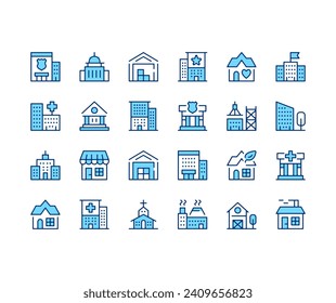 Buildings icons set. Vector line icons. Blue color outline stroke symbols. Modern concepts