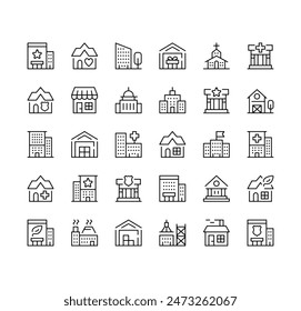 Conjunto de iconos de edificios. Iconos de línea de Vector. Símbolos de contorno de trazo negro