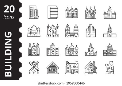 Buildings icons set. Vector linear symbol collection.