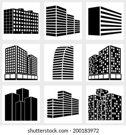 Buildings icons vector black on white background