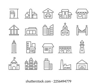 Iconos de edificios - Línea de vectores. Stroke editable.