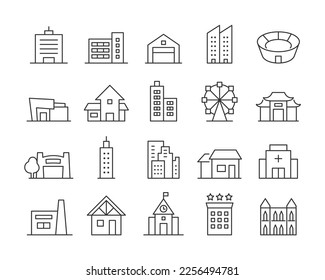 Buildings Icons - Vector Line. Editable Stroke.