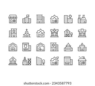 Buildings icons. Vector line icons set. Black outline stroke symbols