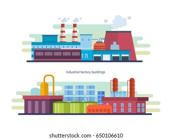 Buildings of an industrial and petroleum plants, stations and reactors, power lines and resource work, laboratory. Industrial factory building. Modern vector illustration isolated