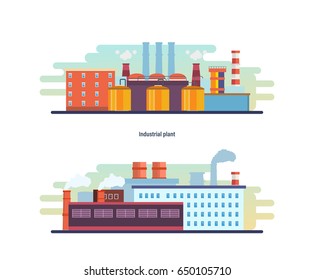 Edificios de una planta industrial, estaciones y reactores, líneas eléctricas y trabajos de recursos, laboratorio. Construcción industrial. Ilustración vectorial moderna aislada en fondo blanco.