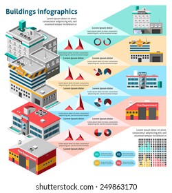 Buildings Infographics Set With Charts And Isometric Hospital Fire Station School Vector Illustration