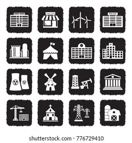 Buildings And Institutions Icons. Grunge Black Flat Design. Vector Illustration. 