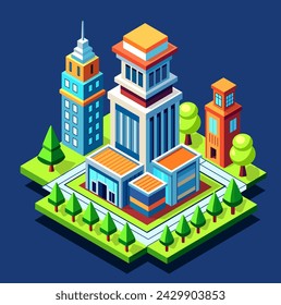 A Buildings isometric game asset  art  style 3D cityscape set of the top of the house and street trees