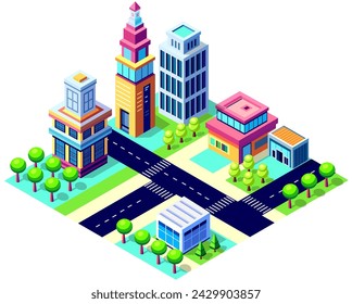 A Buildings isometric game asset  art  style 3D cityscape set of the top of the house and street trees