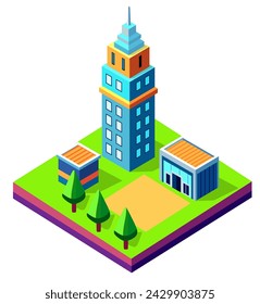 A Buildings isometric game asset  art  style 3D cityscape set of the top of the house and street trees