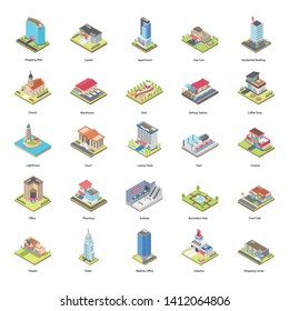 Buildings Isometric Vector Icons Set
