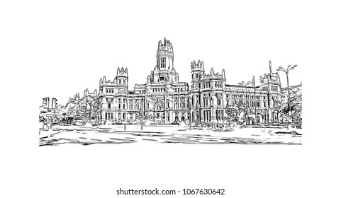 Buildings and landmark view with street of Madrid Capital of Spain. Hand drawn sketch illustration in vector.