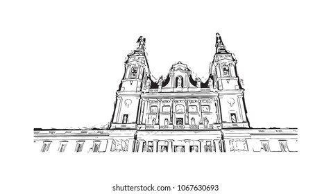 Buildings and landmark view with street of Madrid Capital of Spain. Hand drawn sketch illustration in vector.
