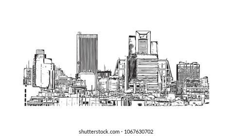 Buildings and landmark view with street of Madrid Capital of Spain. Hand drawn sketch illustration in vector.