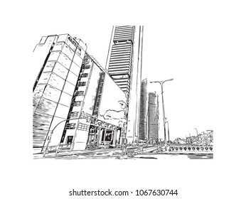 Buildings and landmark view with street of Madrid Capital of Spain. Hand drawn sketch illustration in vector.
