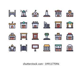 Buildings and Landmarks Lineal Color Icon Set