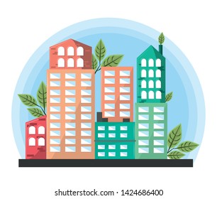 buildings with leaves icon cartoon vector illustration graphic design