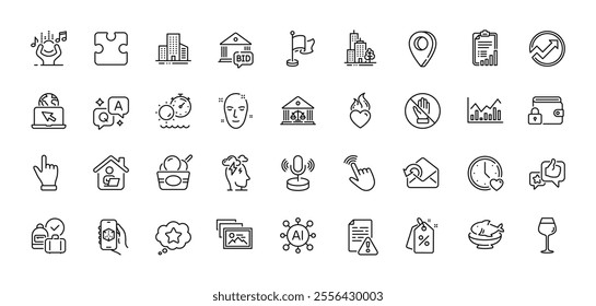 Buildings, Like and Tanning time line icons pack. AI, Question and Answer, Map pin icons. Health skin, Dating, Send mail web icon. Skyscraper buildings, Corrupt, Bordeaux glass pictogram. Vector