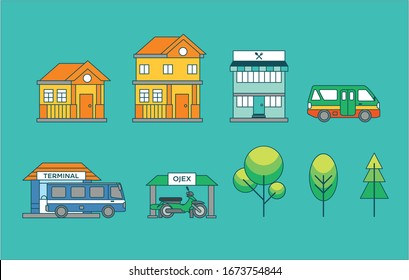 Buildings line colored icon set. House, block of flats, restaurant, vehicles, angkot, bus, terminal, trees, ojek. City concept. Can be used for topics like city, maps, tropicals set, house, and 