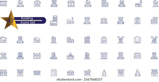 Buildings Line Editable Stroke Icons Set. Real Estate, House, Home, Apartment, Hospital, Hotel